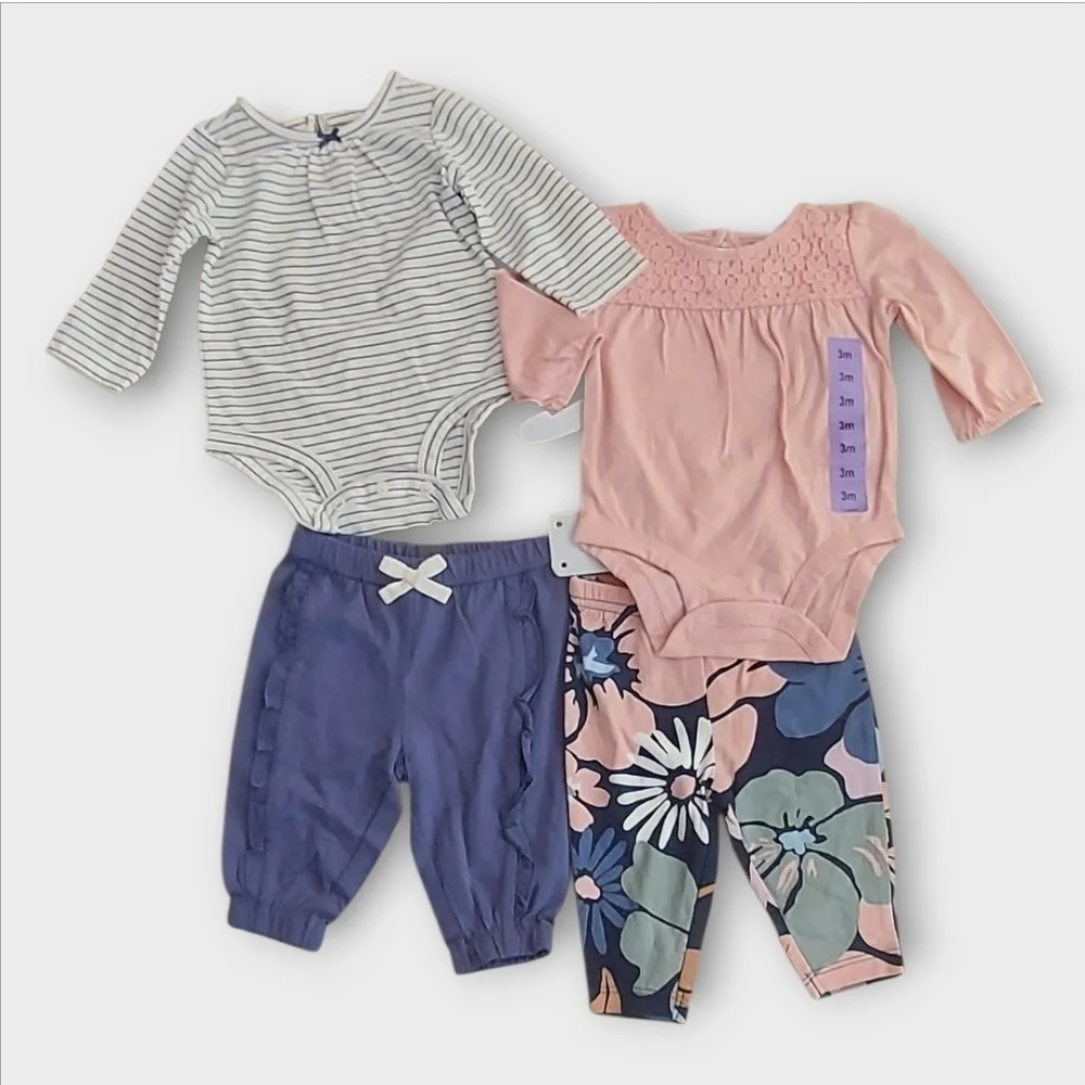 NWT Carter's Baby Girl 4 PC Outfit Pant Set - Pink and Navy ~sz 3M - Picture 2 of 5
